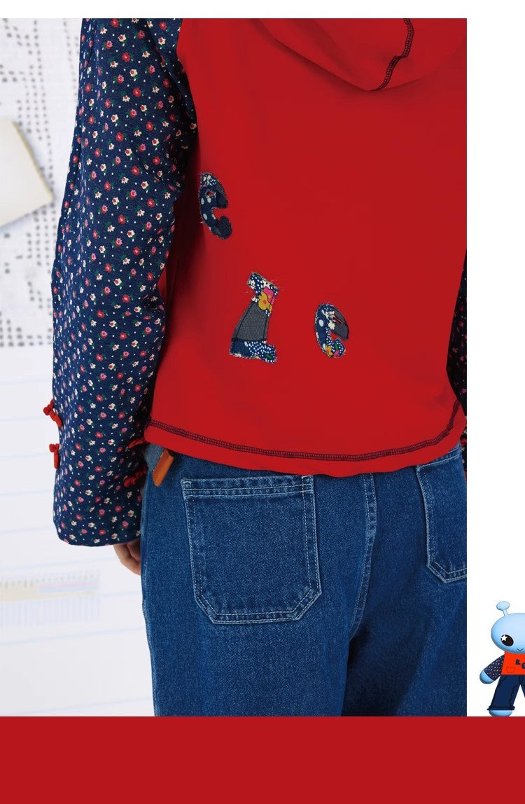 Leele Vintage Text Patchwork Mandarin Collar Hoodie