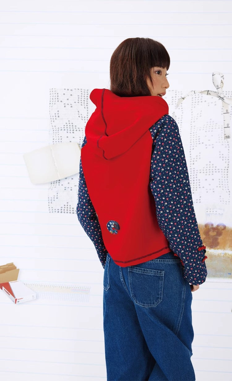 Leele Vintage Text Patchwork Mandarin Collar Hoodie