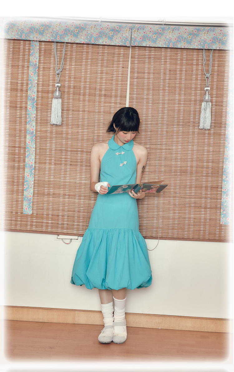 Leele Mint Blue-Green Mandarin Collar Sleeveless Dress