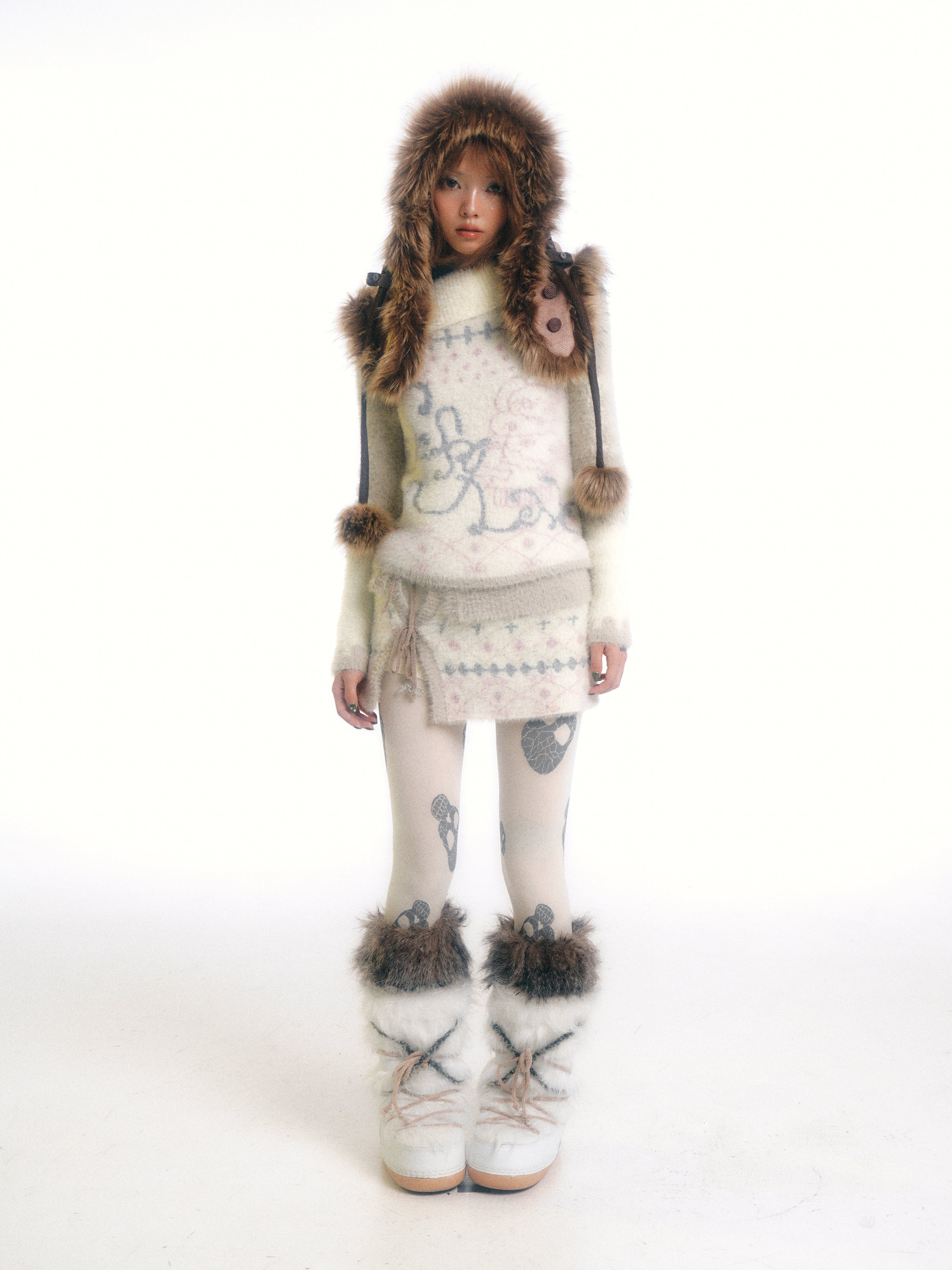 SassyLove Cream Graphic Print Faux Mink Knit Sweater