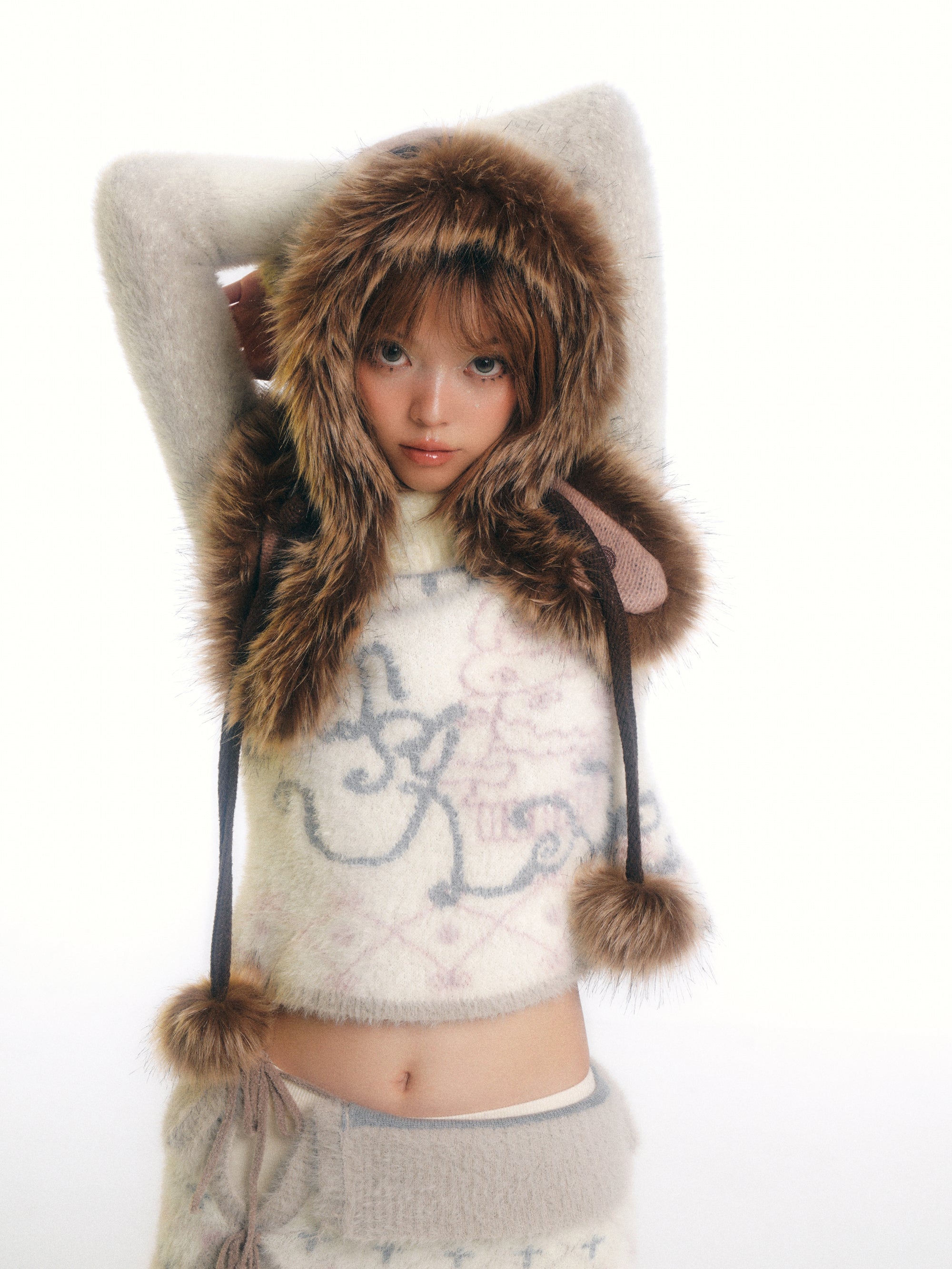 SassyLove Cream Graphic Print Faux Mink Knit Sweater