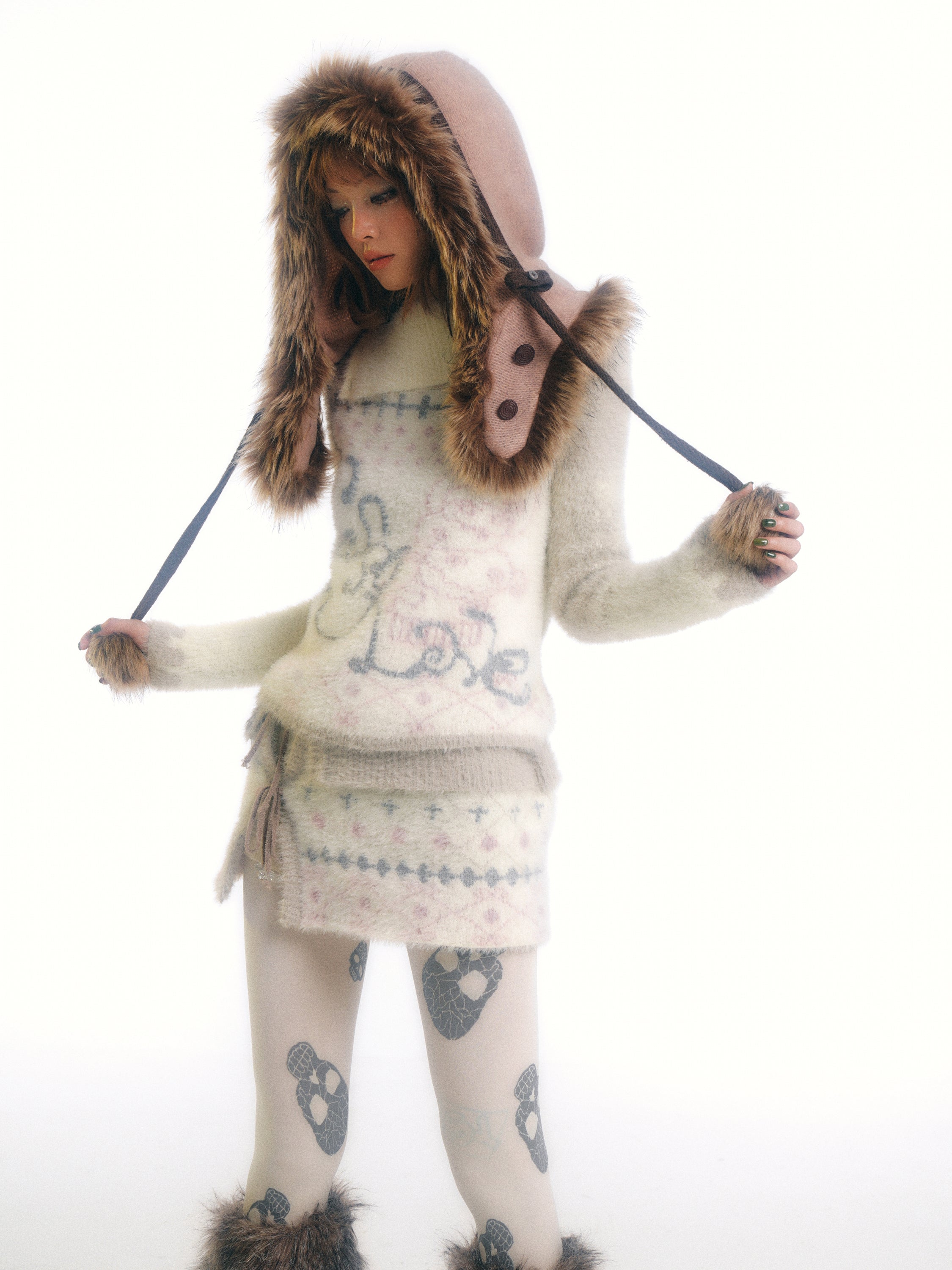 SassyLove Cream Graphic Print Faux Mink Knit Sweater