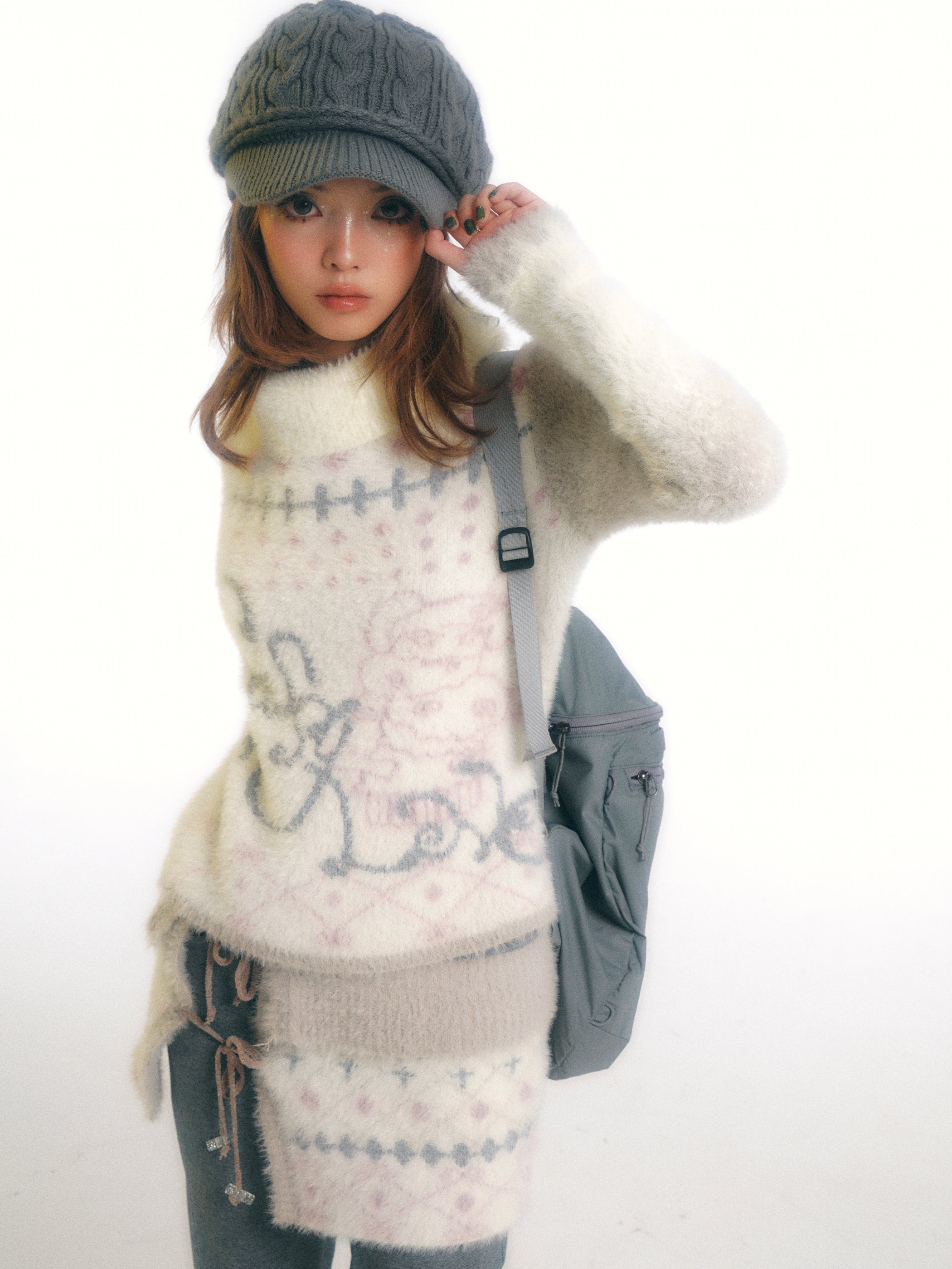 SassyLove Cream Graphic Print Faux Mink Knit Sweater