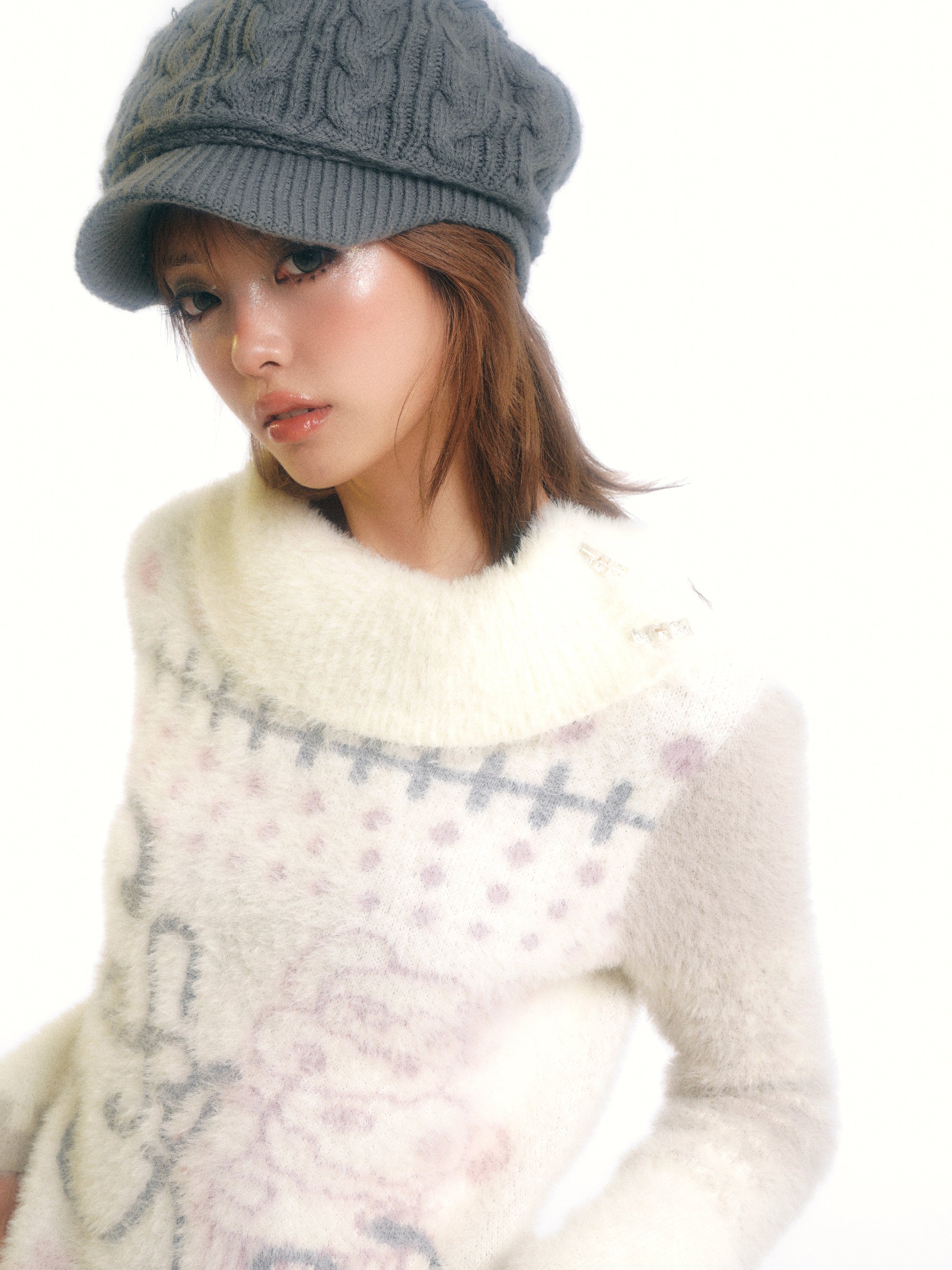 SassyLove Cream Graphic Print Faux Mink Knit Sweater
