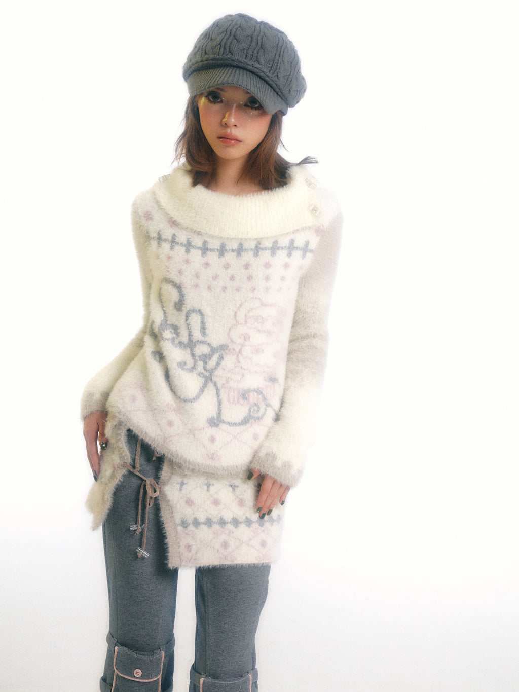 SassyLove Cream Graphic Print Faux Mink Knit Sweater