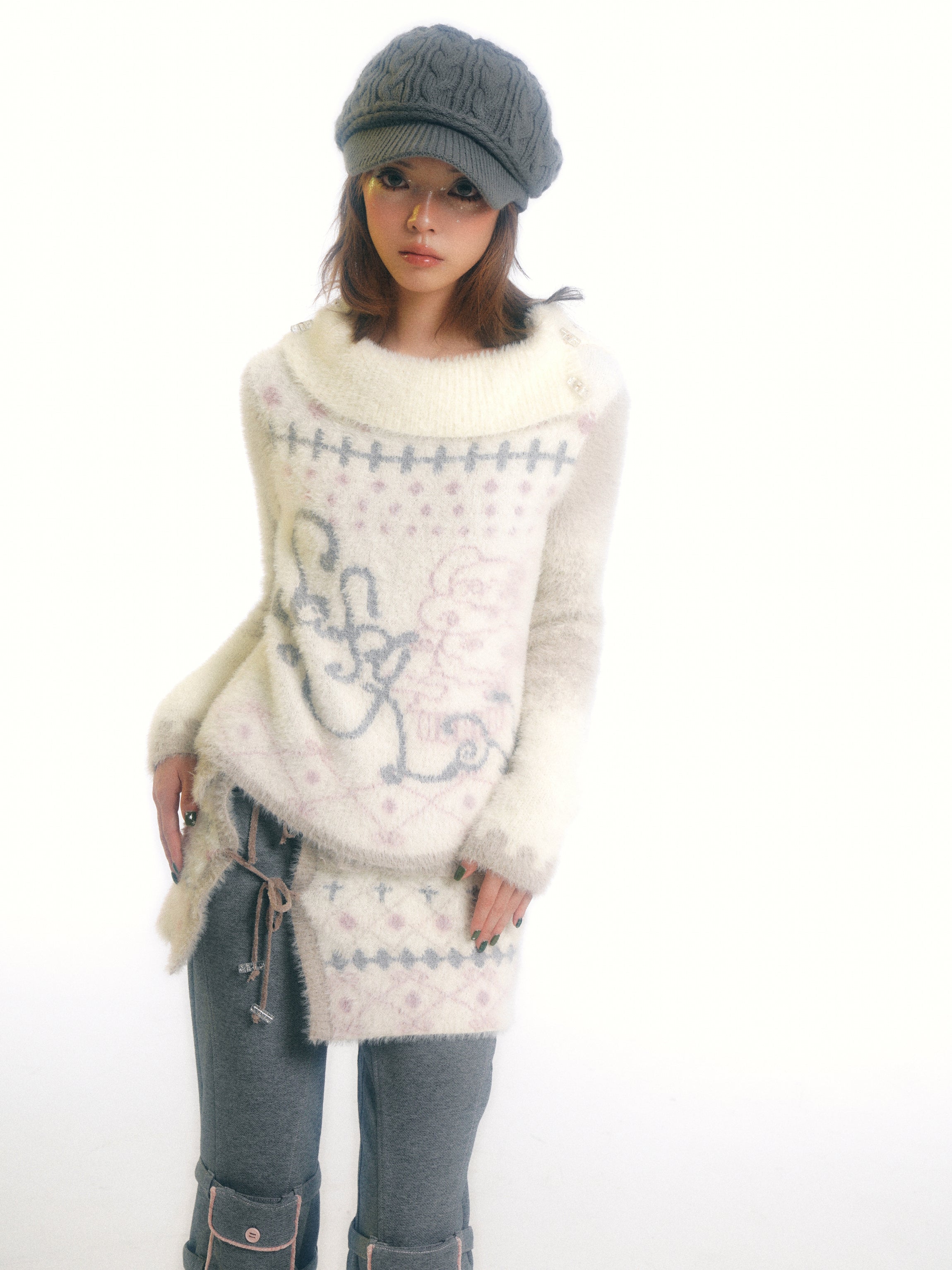 SassyLove Cream Graphic Print Faux Mink Knit Sweater