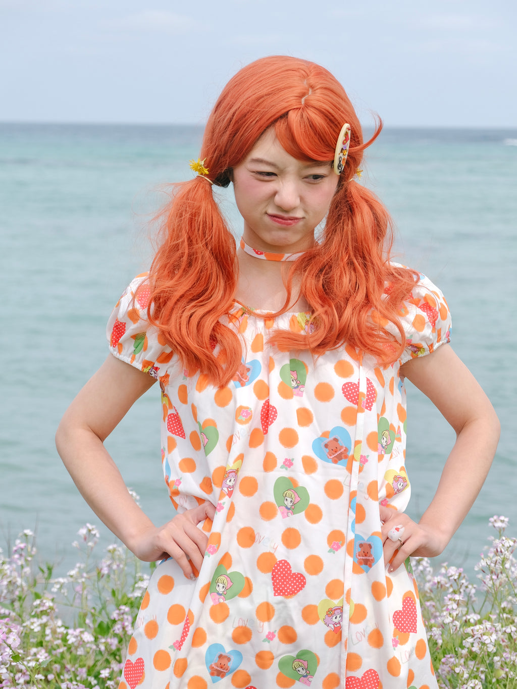 Kaixin Hostel Heart & Dot Print Puff Sleeve Maxi Dress