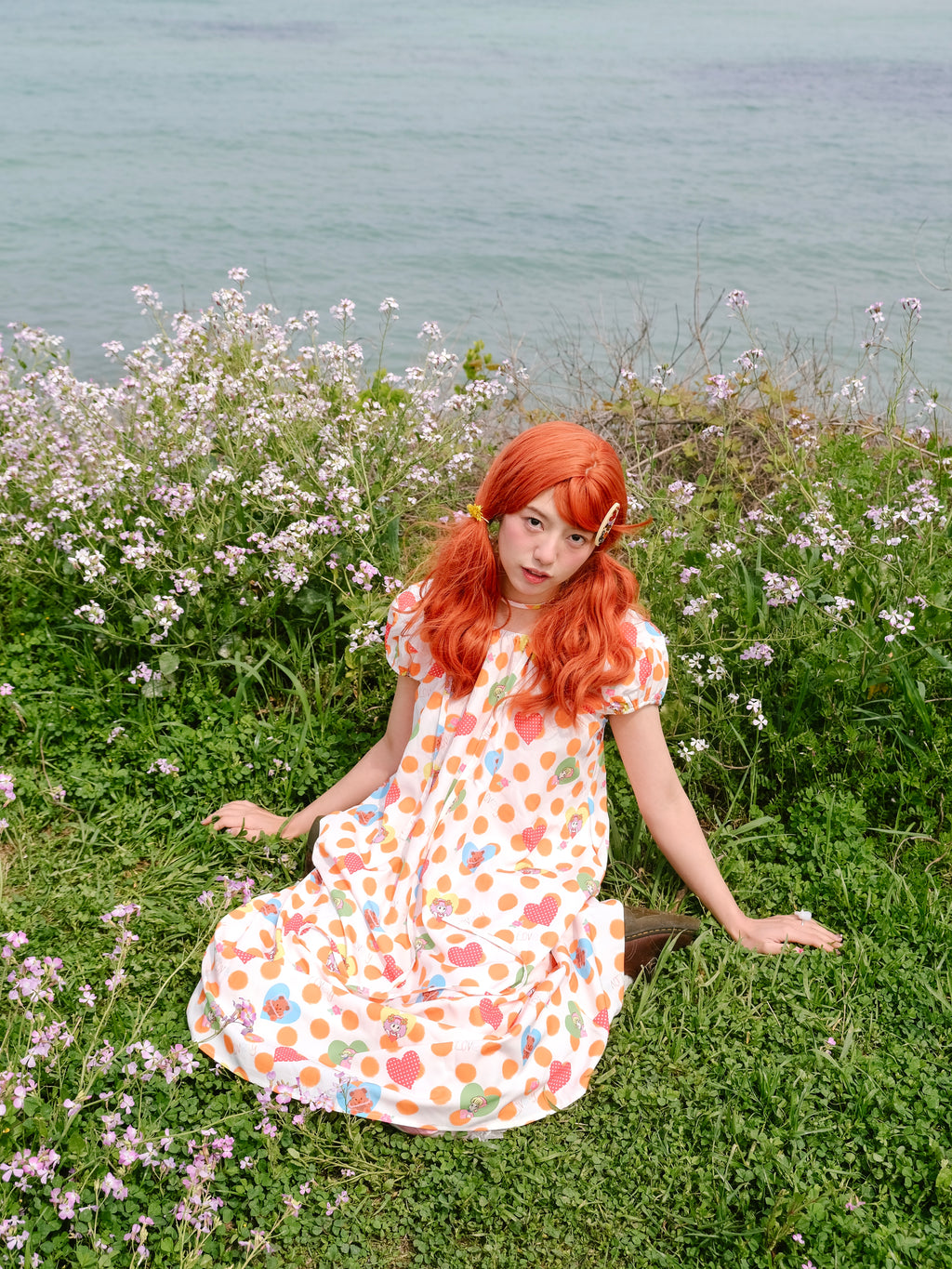 Kaixin Hostel Heart & Dot Print Puff Sleeve Maxi Dress