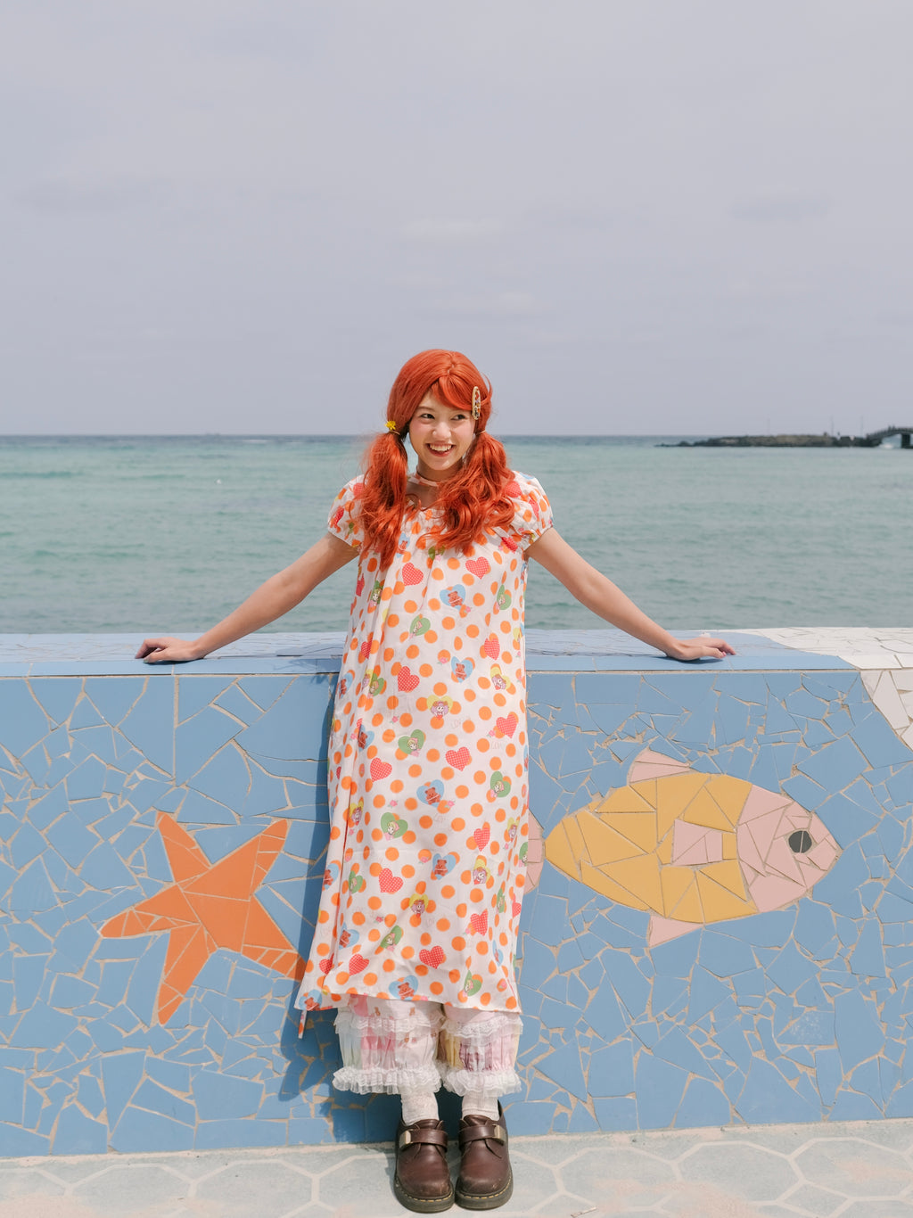 Kaixin Hostel Heart & Dot Print Puff Sleeve Maxi Dress