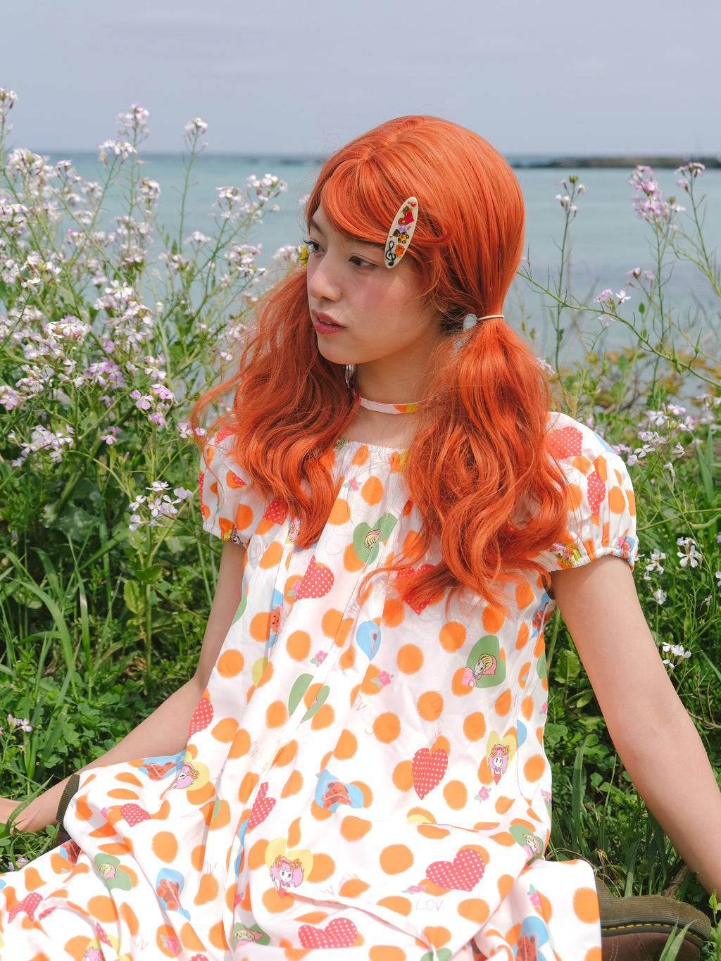 Kaixin Hostel Heart & Dot Print Puff Sleeve Maxi Dress