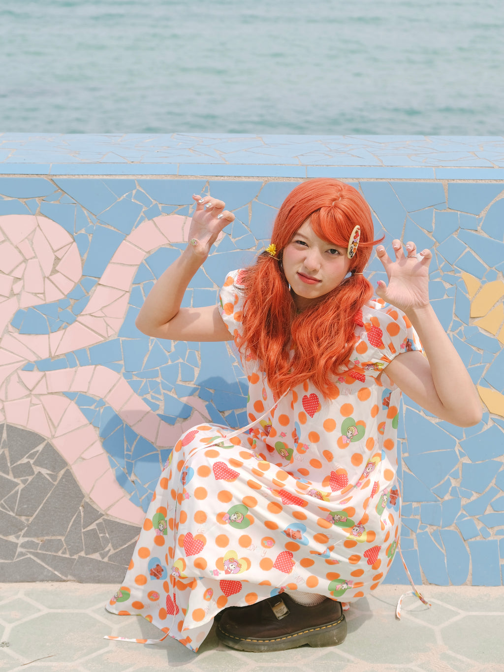 Kaixin Hostel Heart & Dot Print Puff Sleeve Maxi Dress