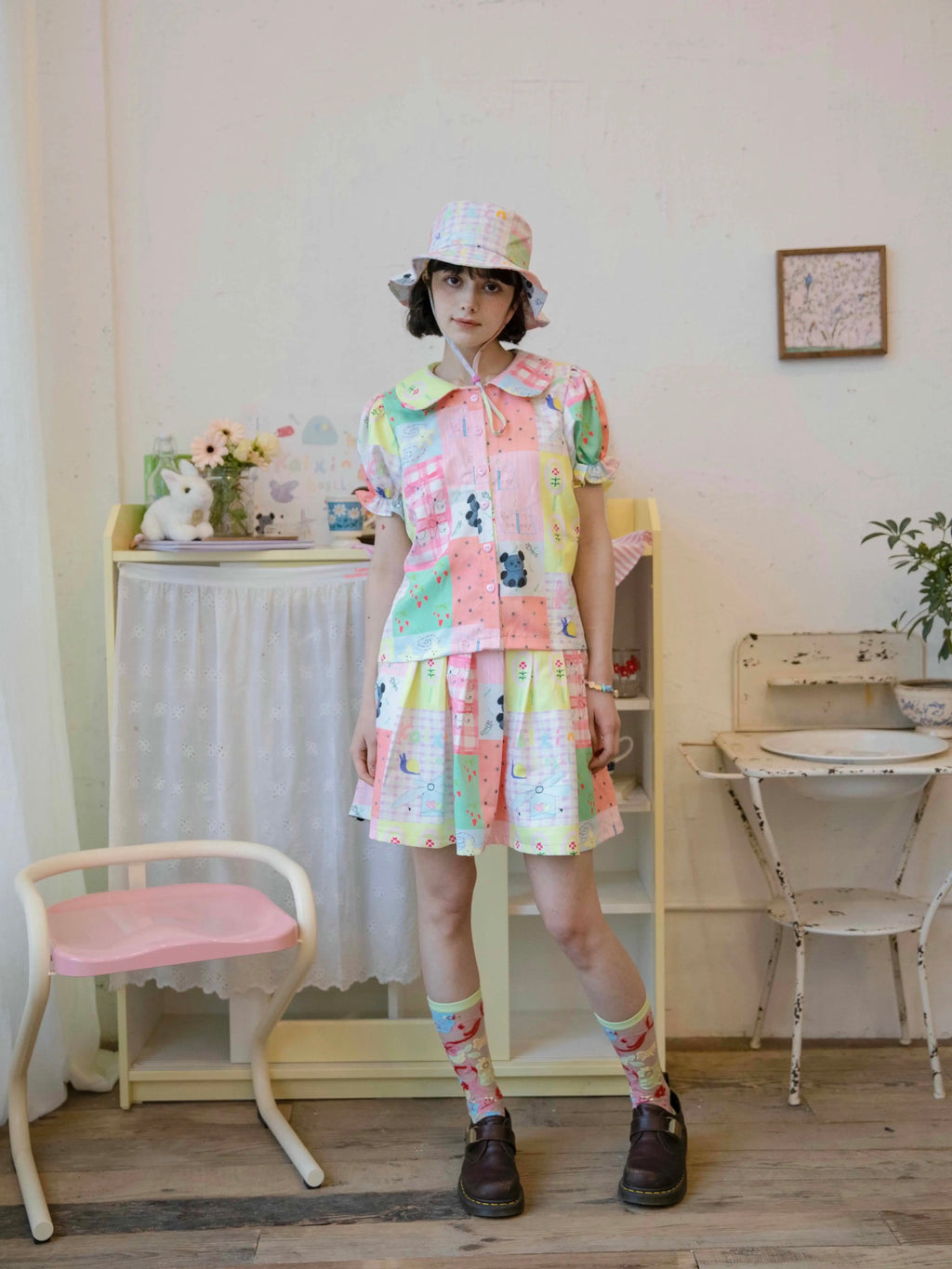 Kaixin Hostel Illustration Wide Brim Bucket Hat