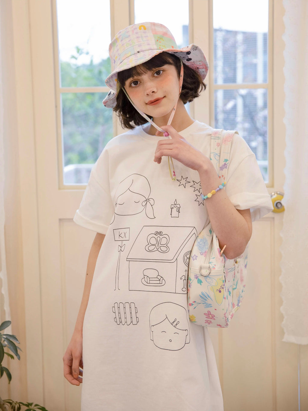 Kaixin Hostel Illustration Wide Brim Bucket Hat