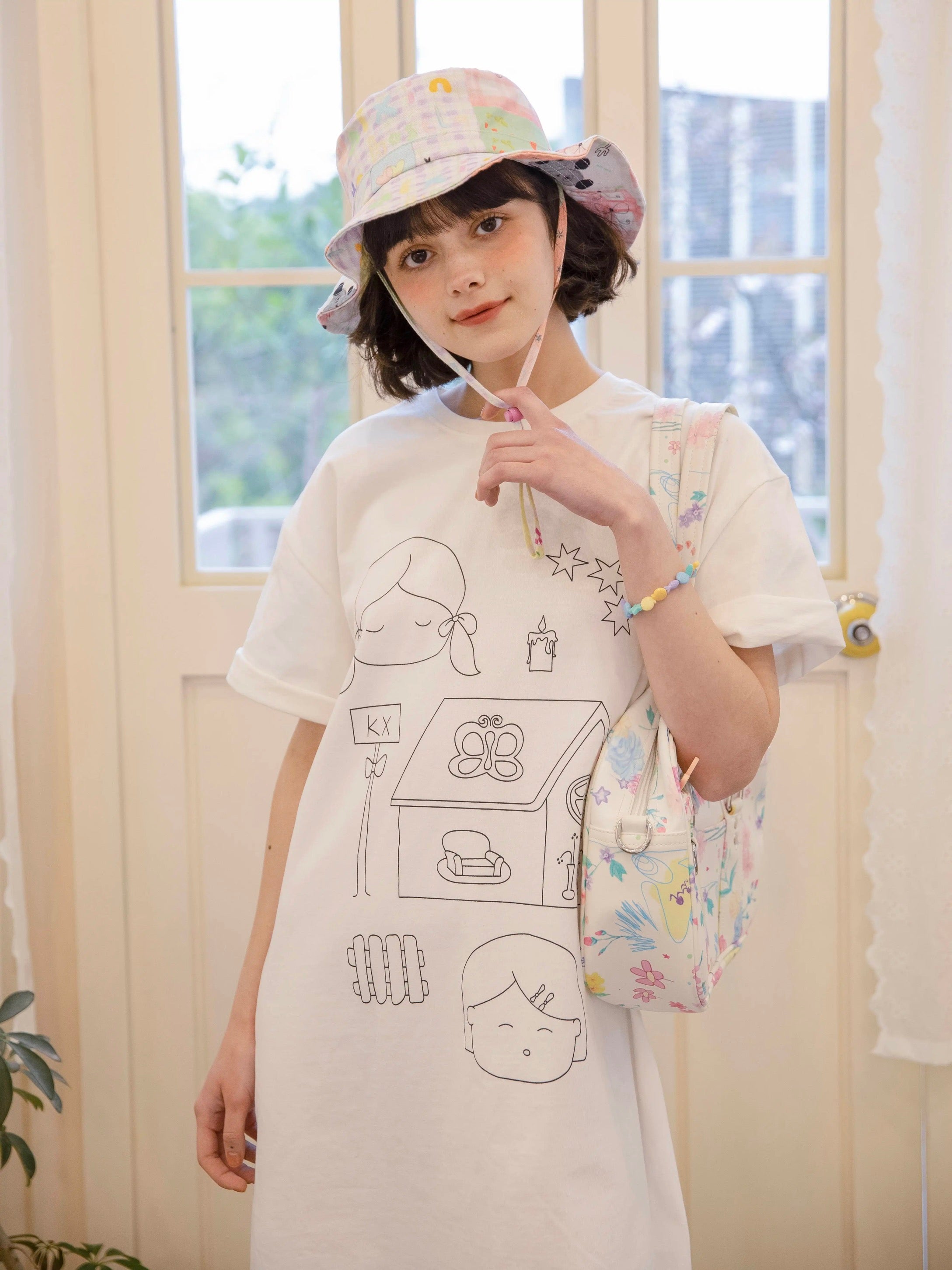 Kaixin Hostel Illustration Wide Brim Bucket Hat