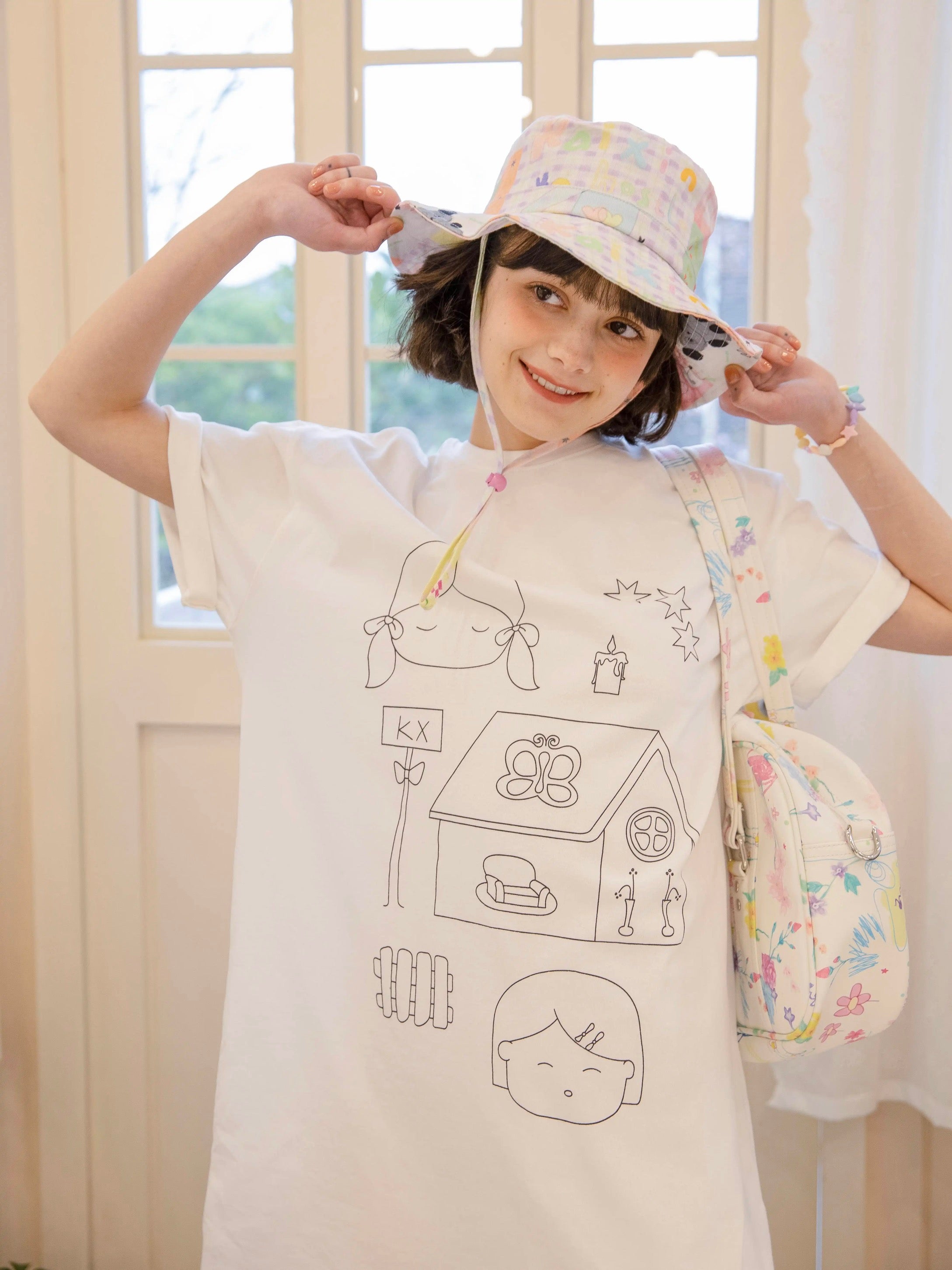 Kaixin Hostel Illustration Wide Brim Bucket Hat