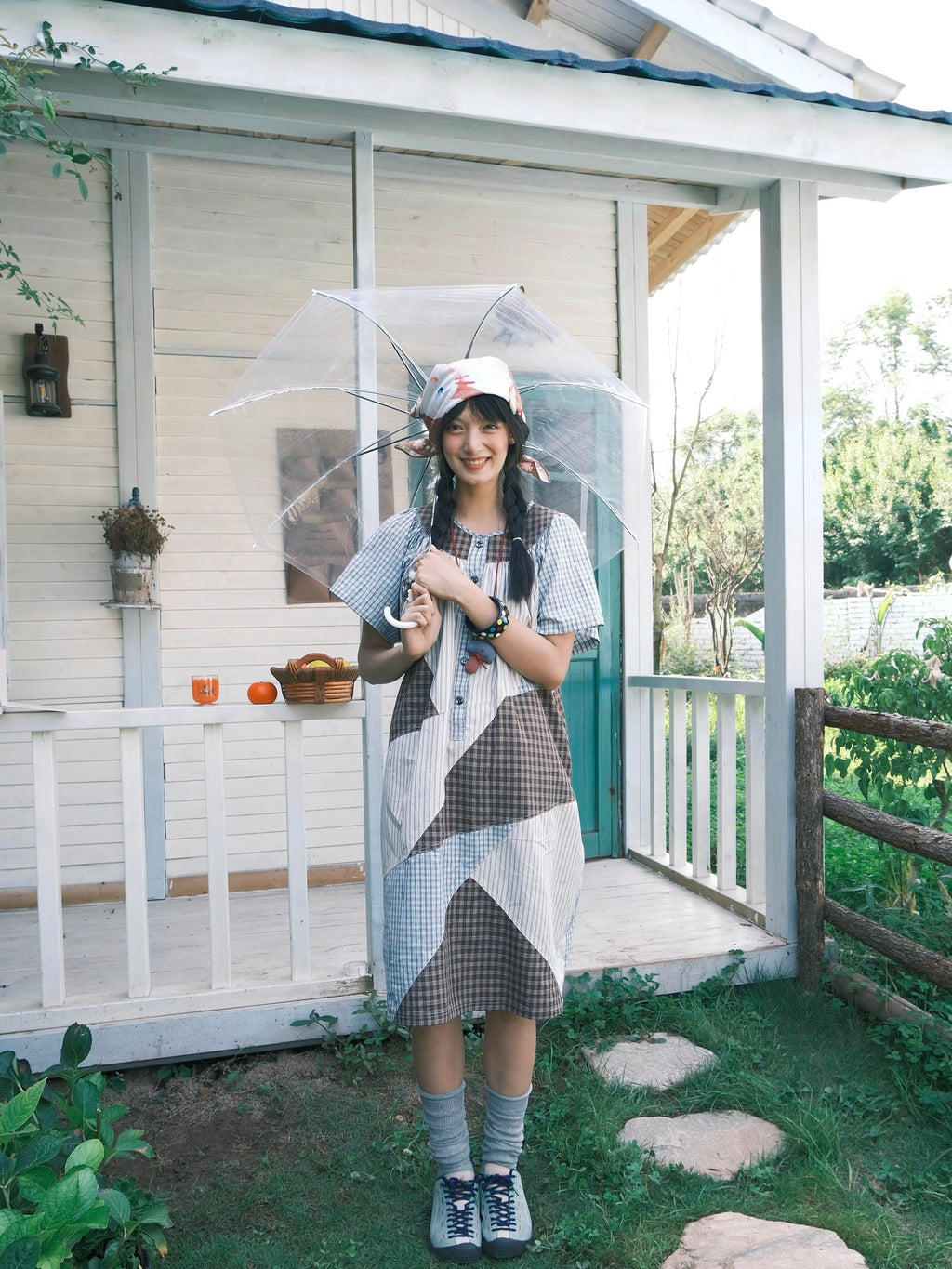 Kaixin Hostel 2025SS Patchwork Gingham Embroidery Dress