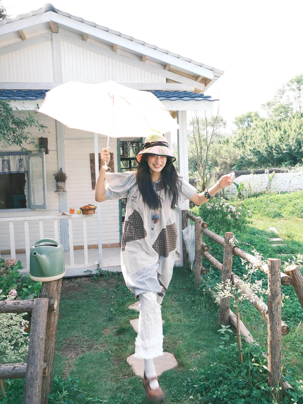 Kaixin Hostel 2025SS Patchwork Gingham Embroidery Dress