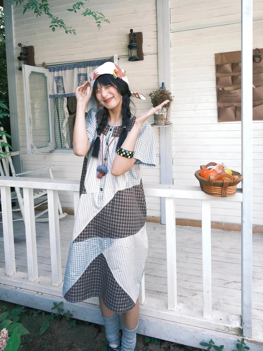 Kaixin Hostel 2025SS Patchwork Gingham Embroidery Dress