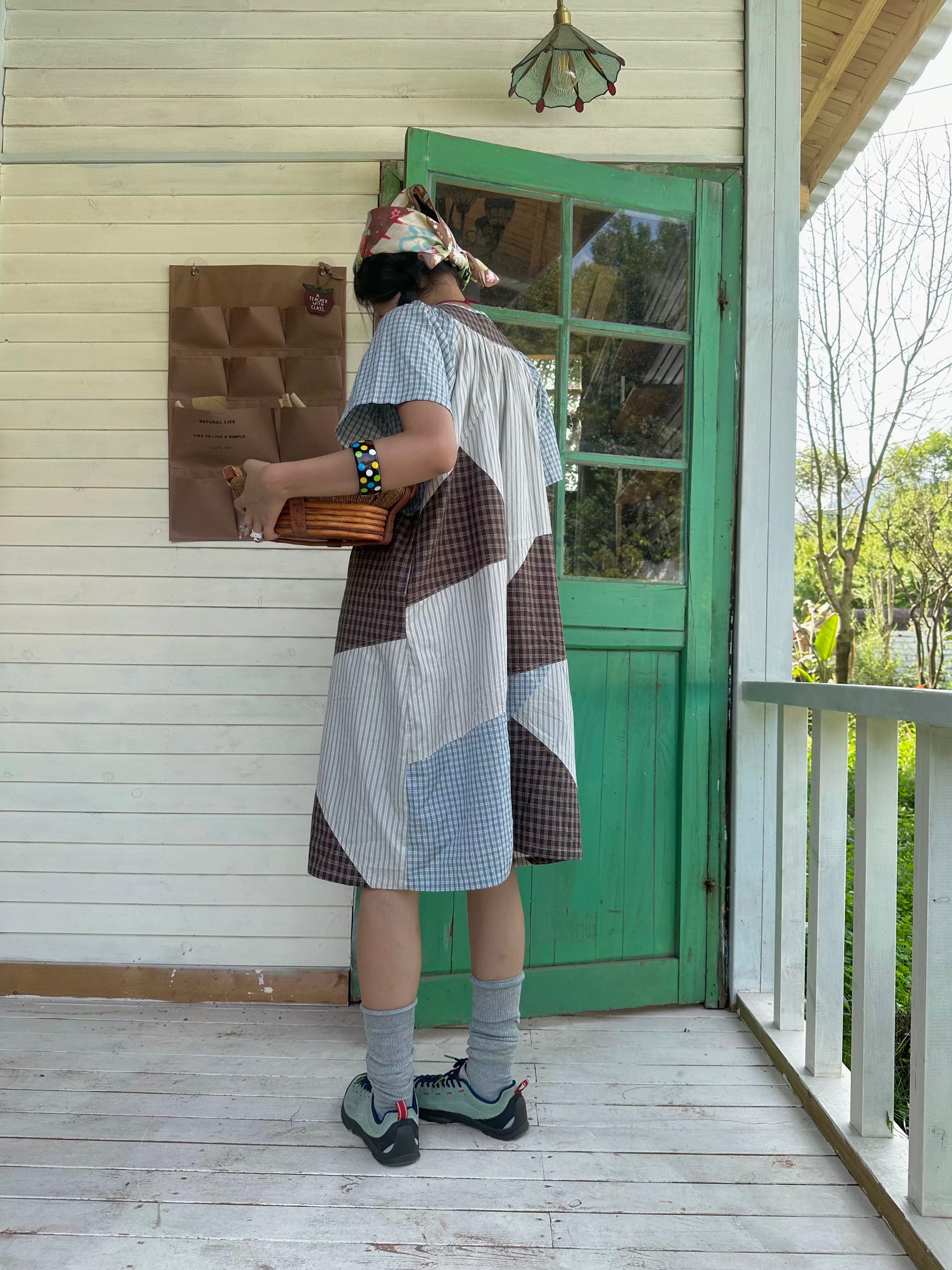 Kaixin Hostel 2025SS Patchwork Gingham Embroidery Dress