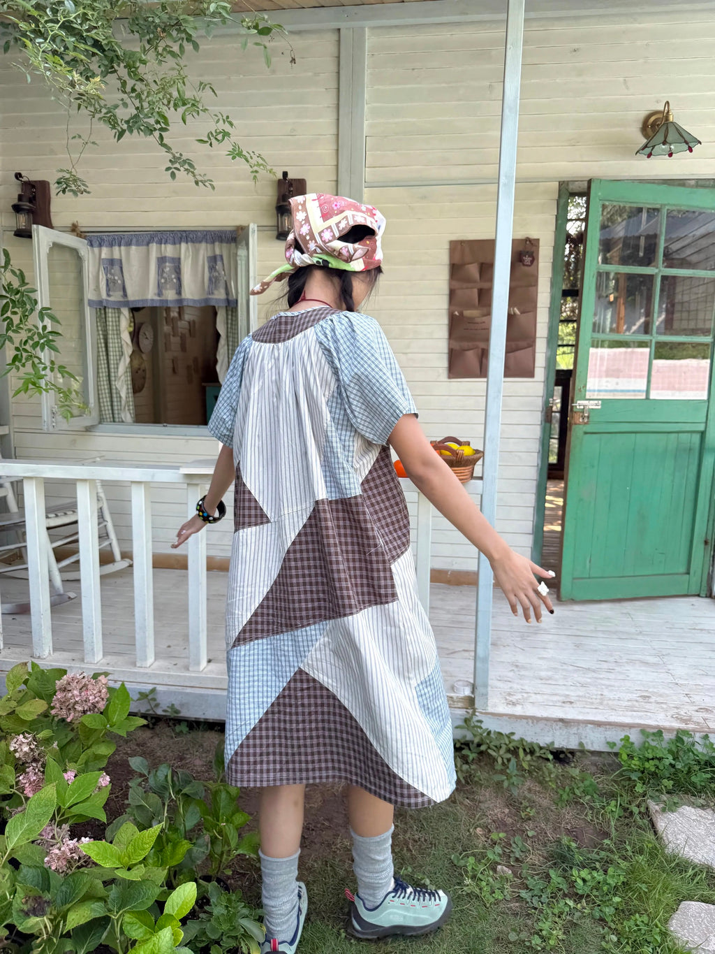 Kaixin Hostel 2025SS Patchwork Gingham Embroidery Dress