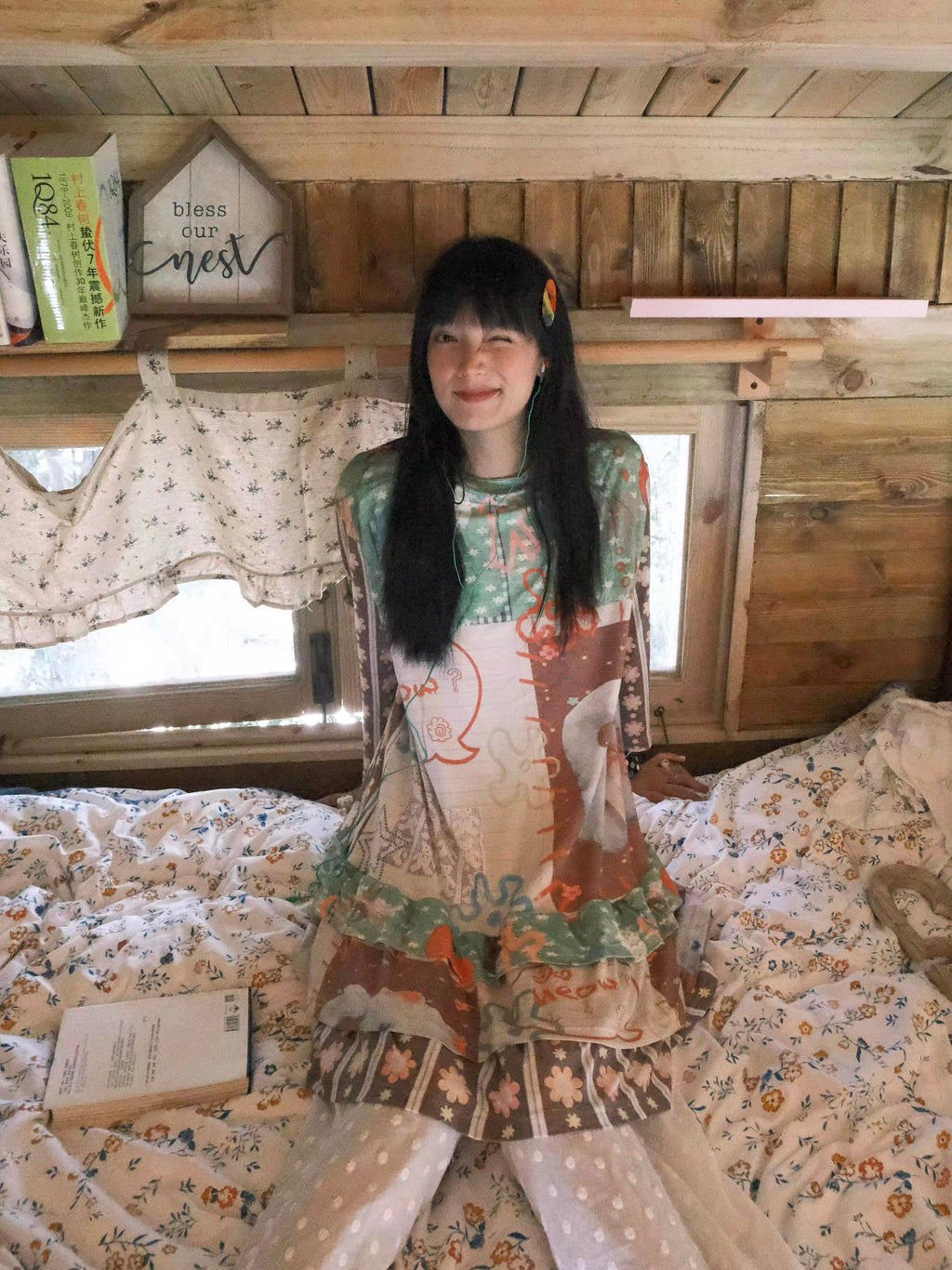 Kaixin Hostel 2025SS Cat Color-Block Tiered T-Shirt Dress