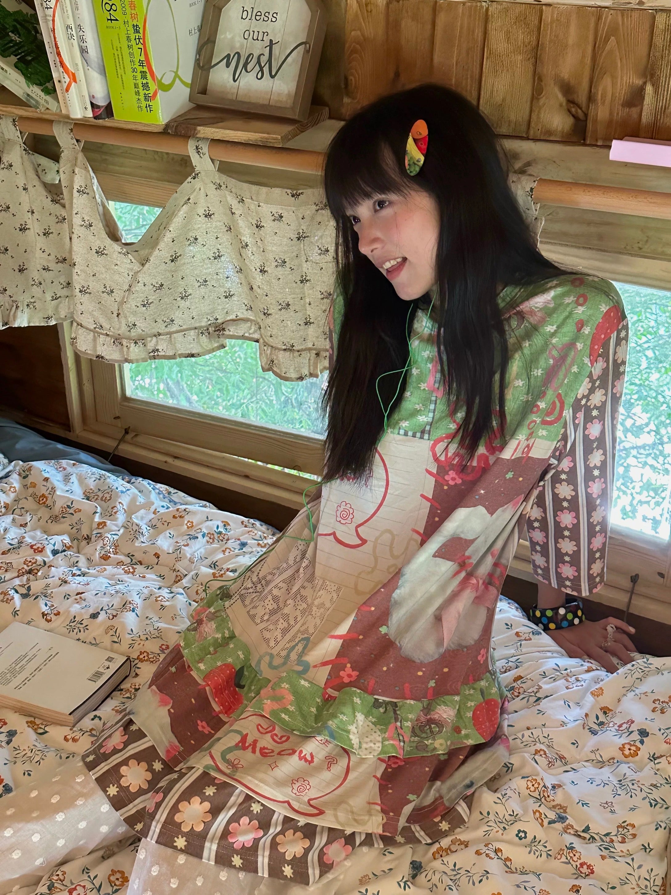 Kaixin Hostel 2025SS Cat Color-Block Tiered T-Shirt Dress