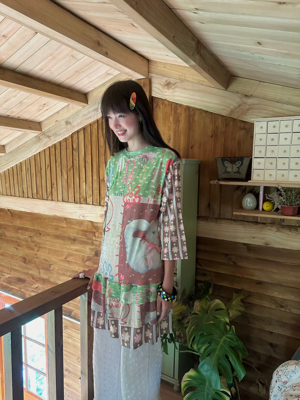 Kaixin Hostel 2025SS Cat Color-Block Tiered T-Shirt Dress