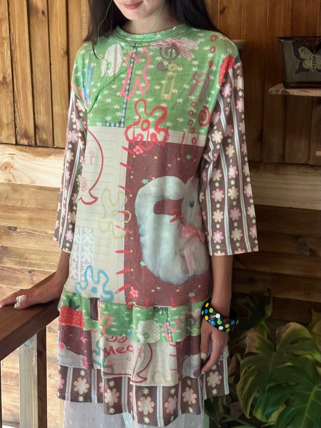 Kaixin Hostel 2025SS Cat Color-Block Tiered T-Shirt Dress