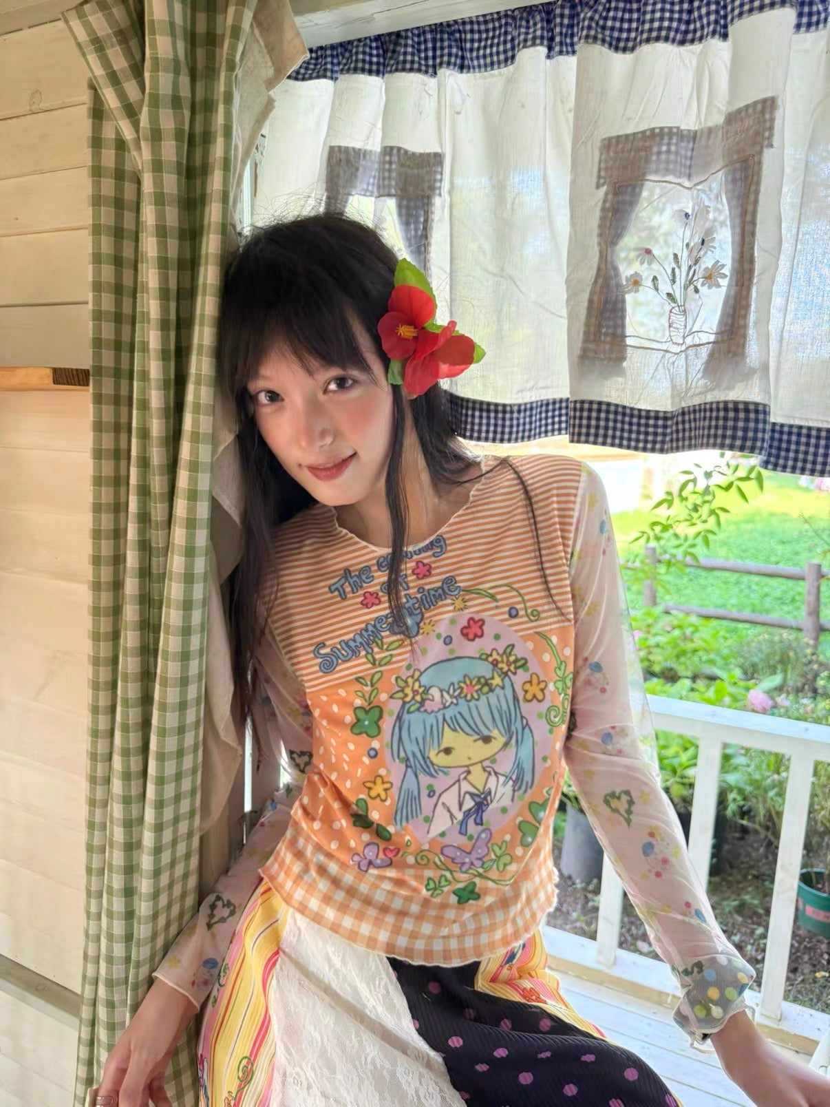 Kaixin Hostel x Octopus Grass 2025 Floral Print Mesh Long Sleeve Top