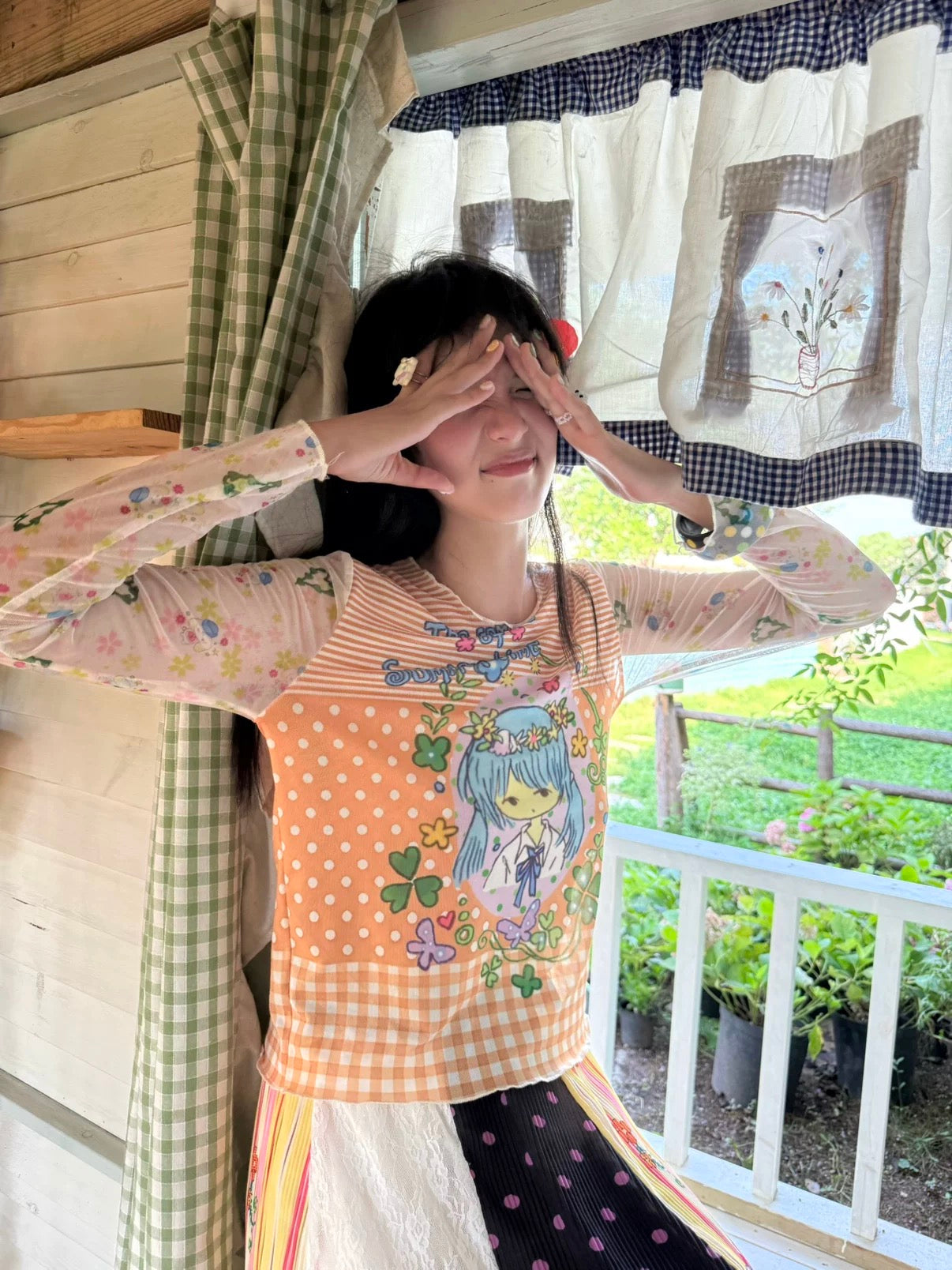 Kaixin Hostel x Octopus Grass 2025 Floral Print Mesh Long Sleeve Top