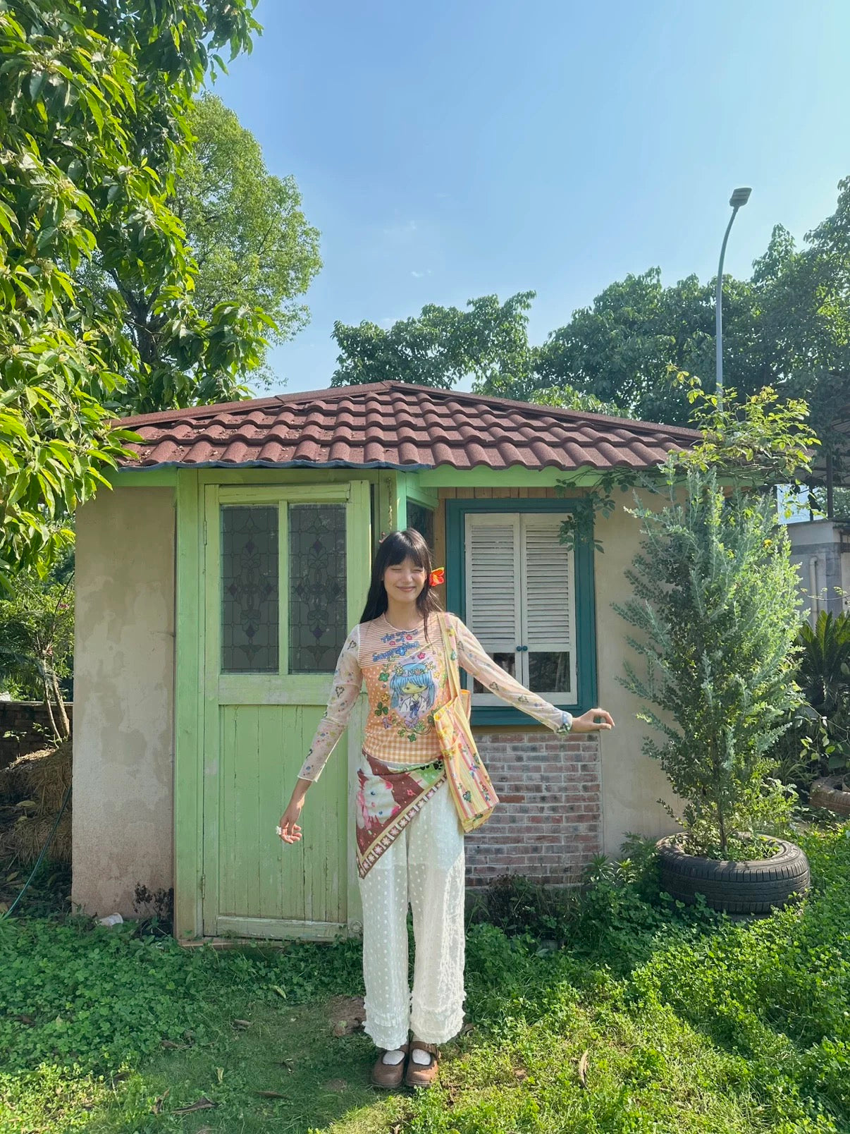 Kaixin Hostel x Octopus Grass 2025 Floral Print Mesh Long Sleeve Top