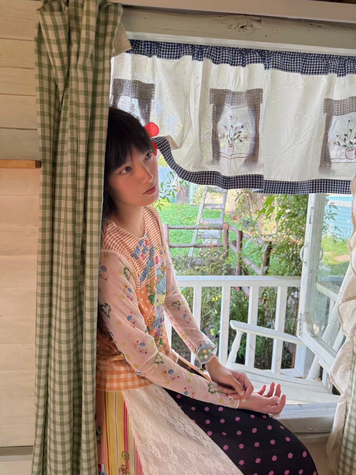 Kaixin Hostel x Octopus Grass 2025 Floral Print Mesh Long Sleeve Top