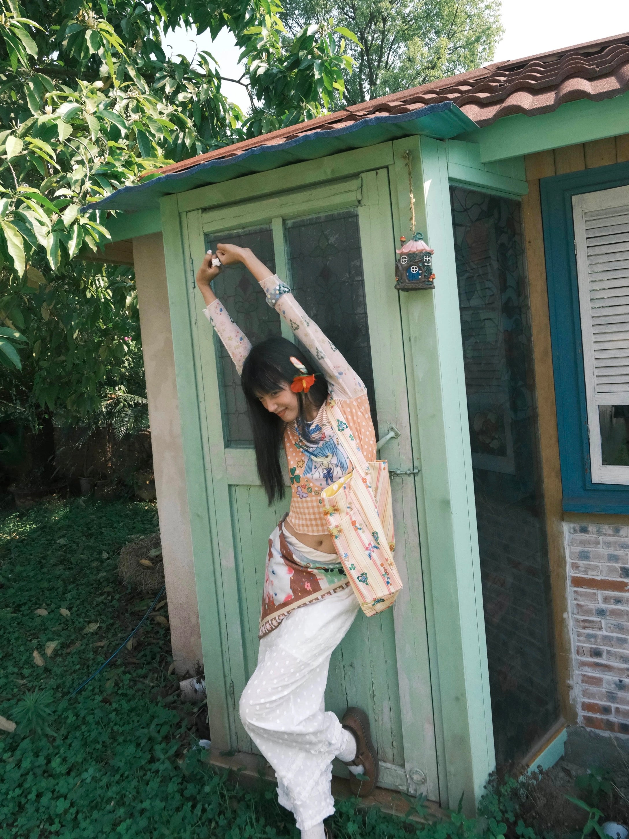 Kaixin Hostel x Octopus Grass 2025 Floral Print Mesh Long Sleeve Top