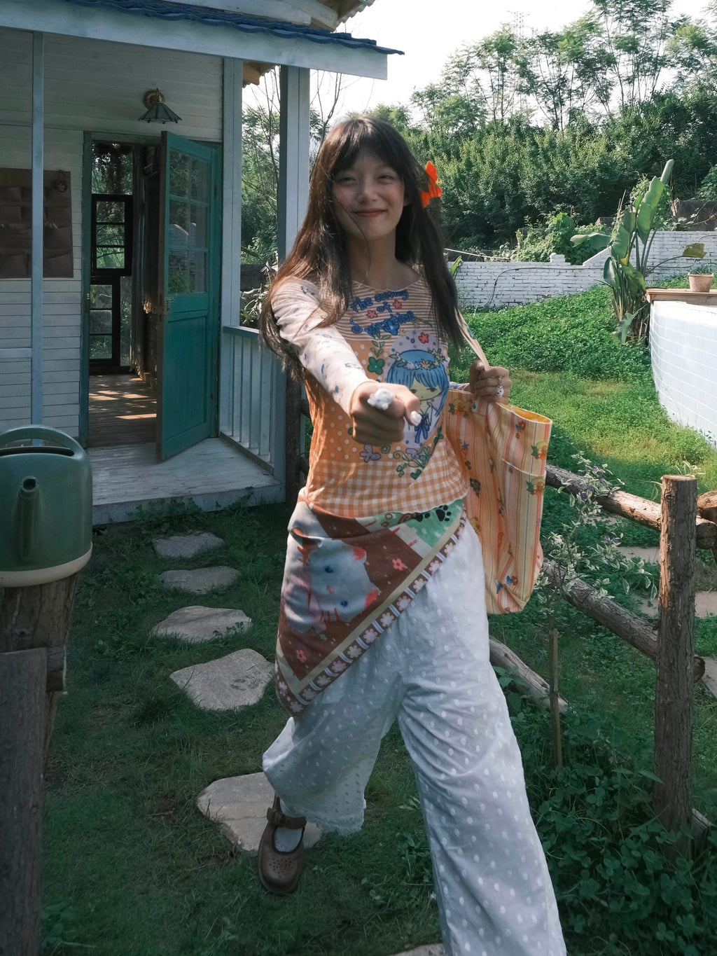 Kaixin Hostel x Octopus Grass 2025 Floral Print Mesh Long Sleeve Top