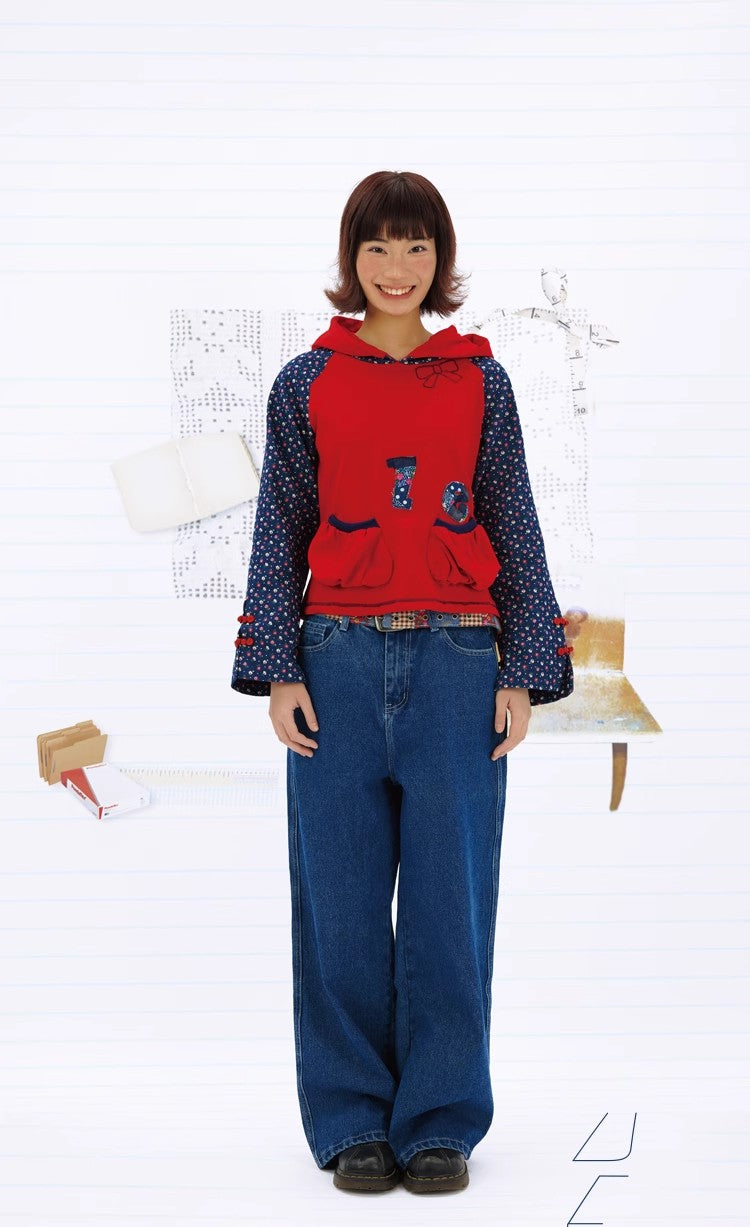 Leele Vintage Text Patchwork Mandarin Collar Hoodie