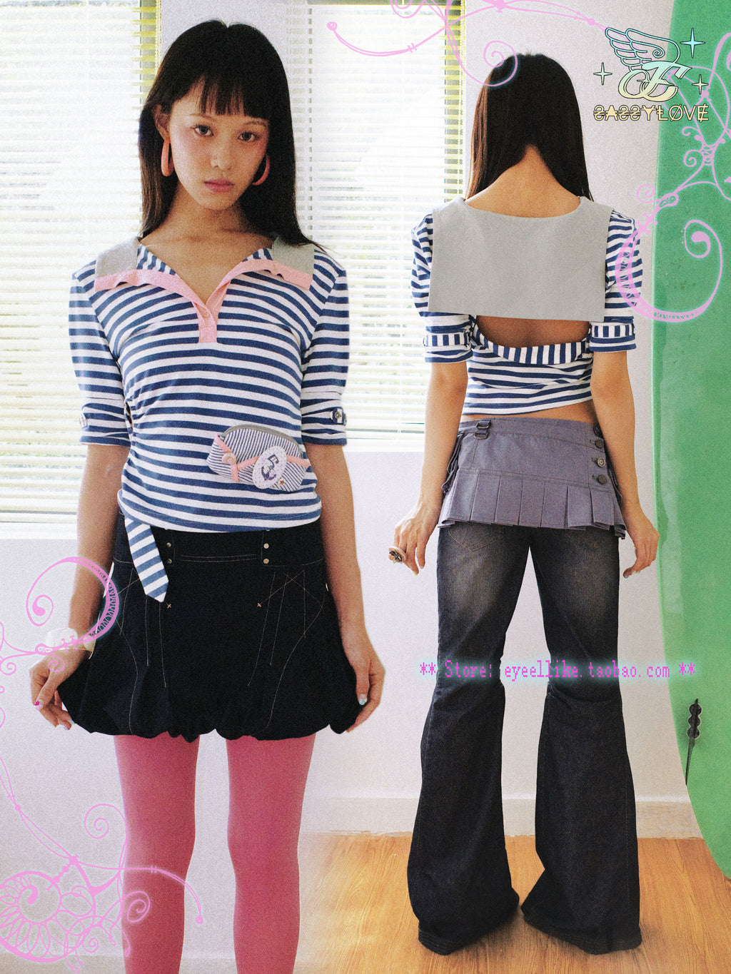 SassyLove 25SS Navy Blue Sailor Collar Cut-Out T-shirt