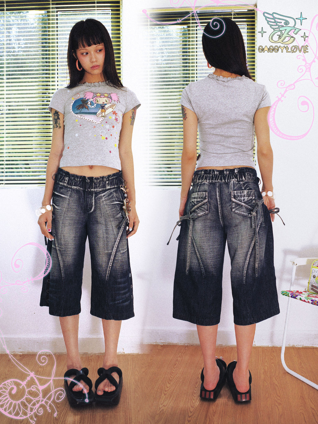 SassyLove 25SS Navy Crinkle-Waist Bow Tie Side-Button Capri Jeans