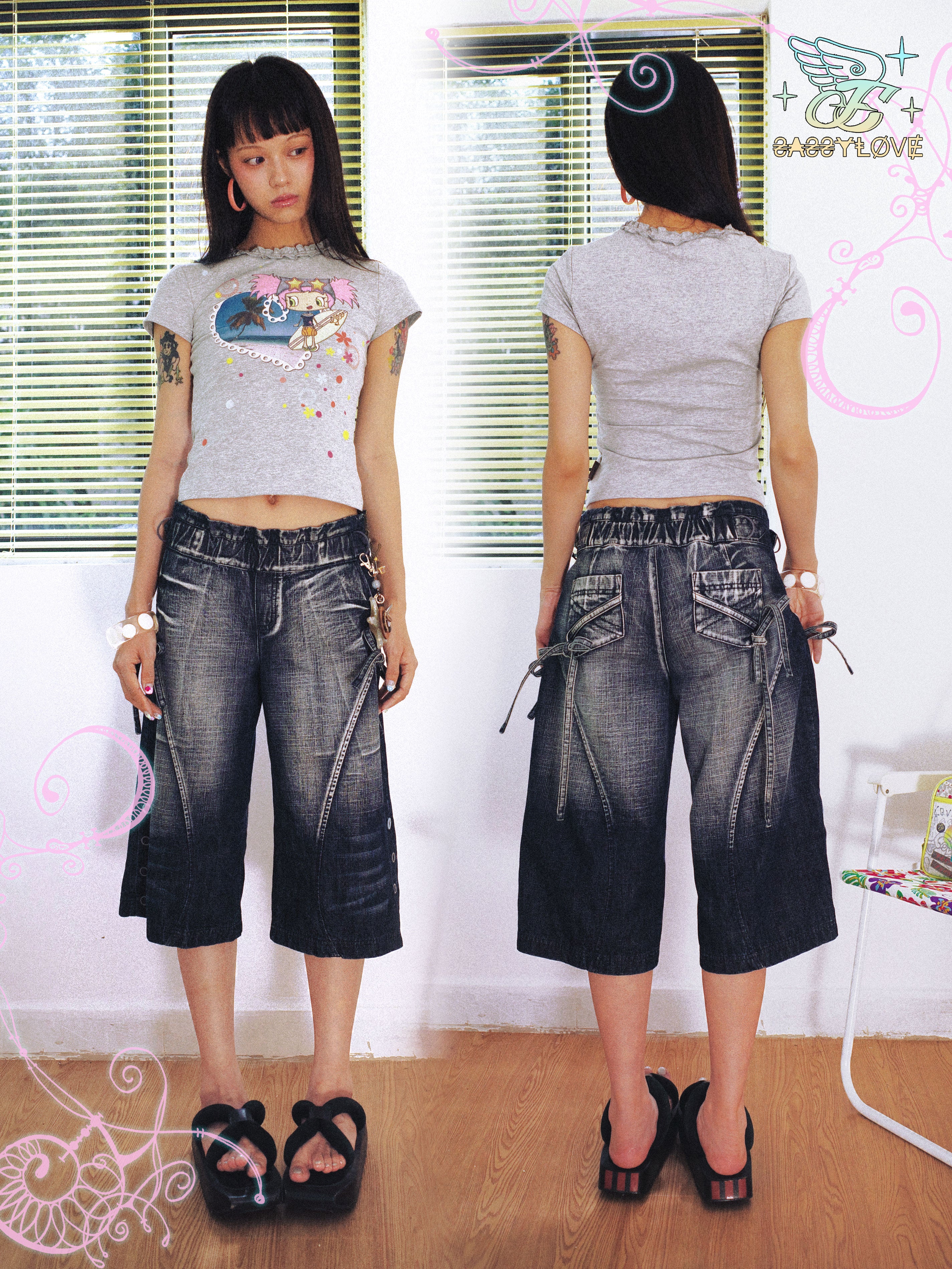 SassyLove 25SS Navy Crinkle-Waist Bow Tie Side-Button Capri Jeans