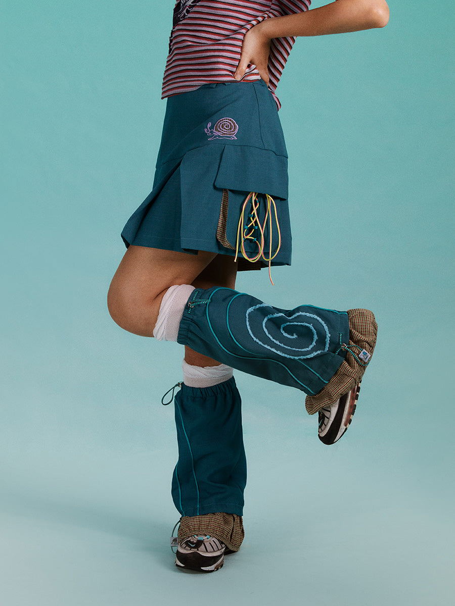 Lounge Vintage Green Y2K Asymmetrical Pleated Skirt & Leg Warmers