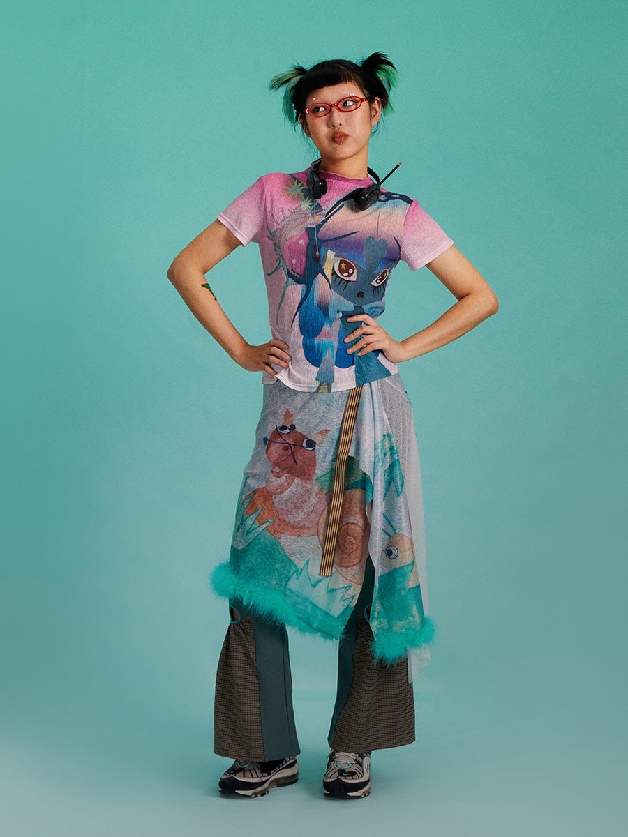Lounge Sheer Apron Skirt with Detachable Fur