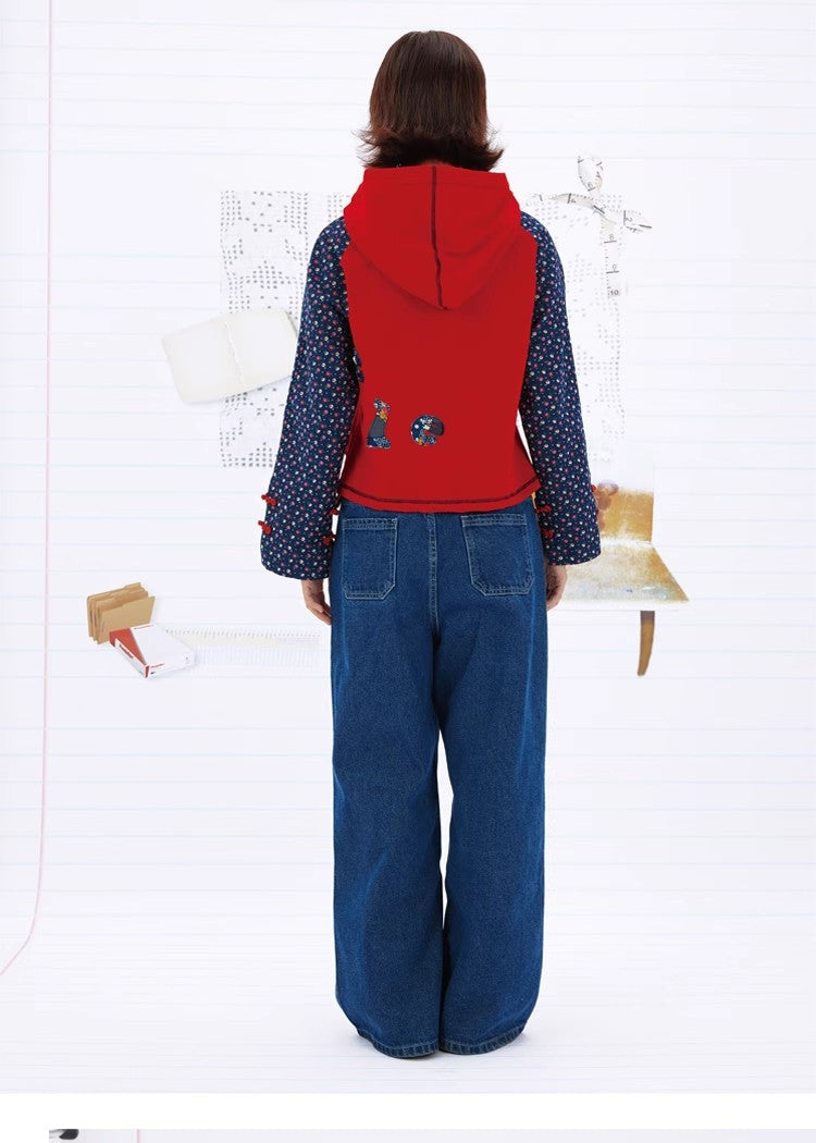 Leele Vintage Text Patchwork Mandarin Collar Hoodie