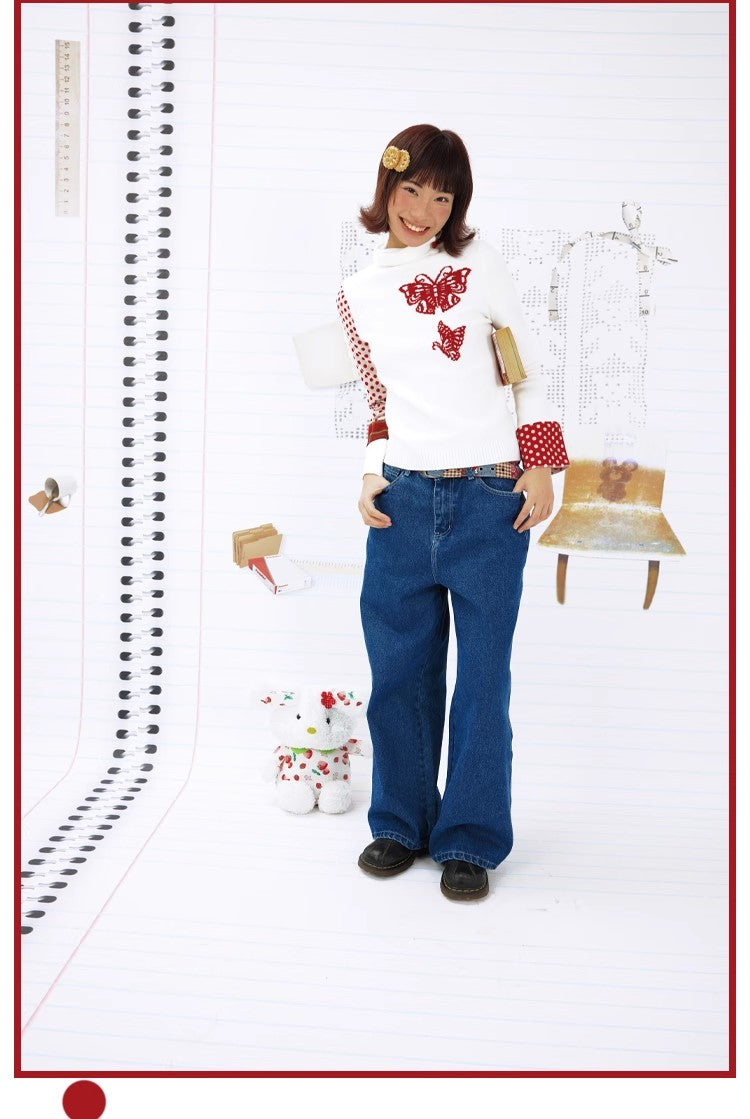 Leele Butterfly Paper-Cut Mandarin Collar Sweater