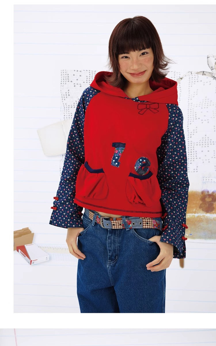Leele Vintage Text Patchwork Mandarin Collar Hoodie