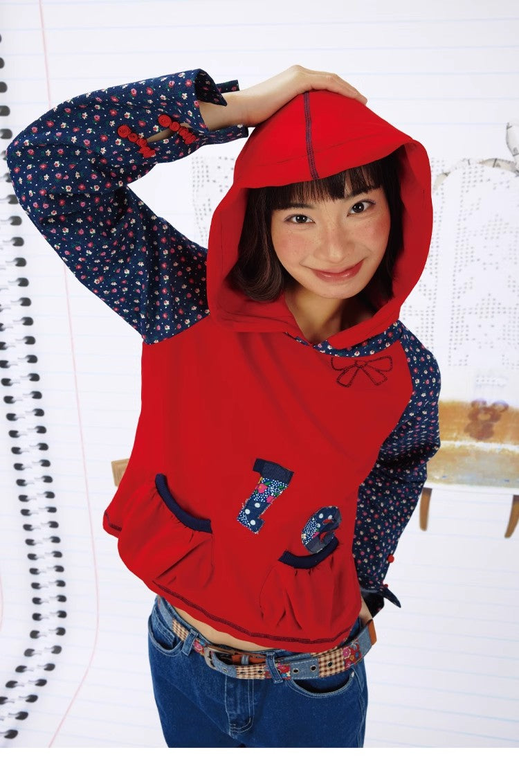 Leele Vintage Text Patchwork Mandarin Collar Hoodie