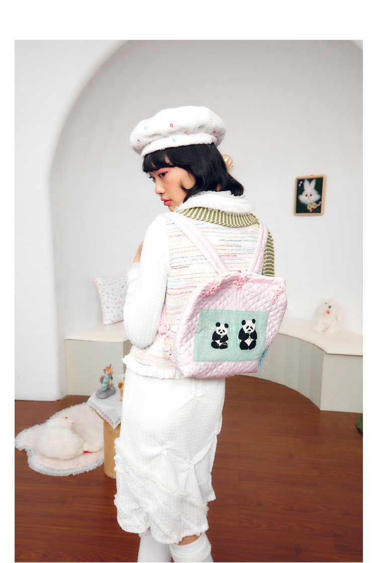 Leele Quilted Panda Eating Bamboo Adjustable Backpack