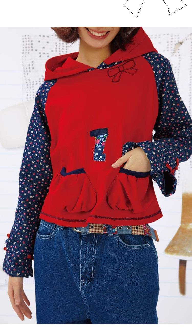 Leele Vintage Text Patchwork Mandarin Collar Hoodie