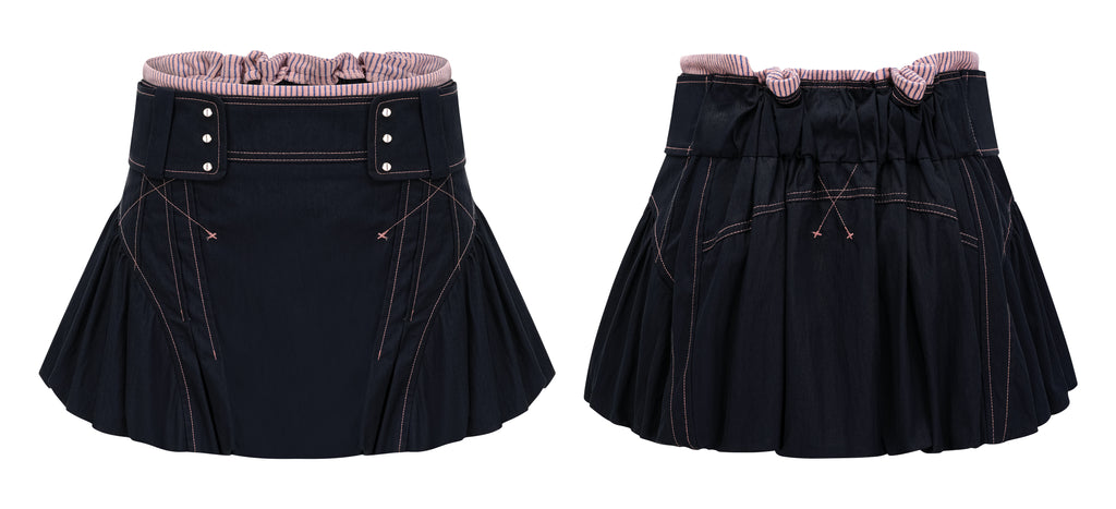 SassyLove 25SS Navy Topstitched Flouncy Bloomer Short Skirt