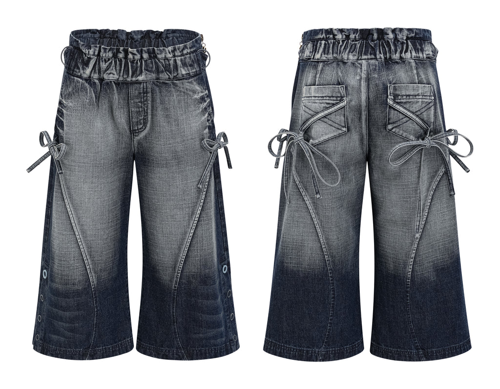 SassyLove 25SS Navy Crinkle-Waist Bow Tie Side-Button Capri Jeans