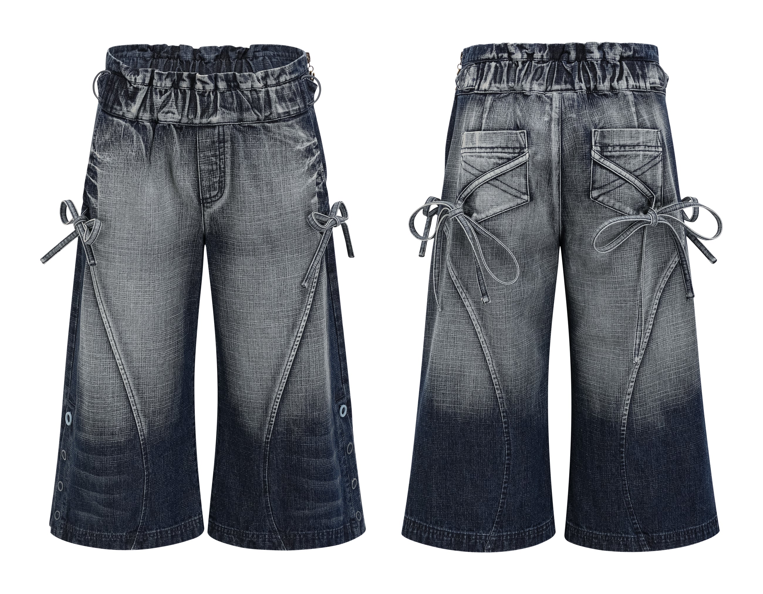 SassyLove 25SS Navy Crinkle-Waist Bow Tie Side-Button Capri Jeans