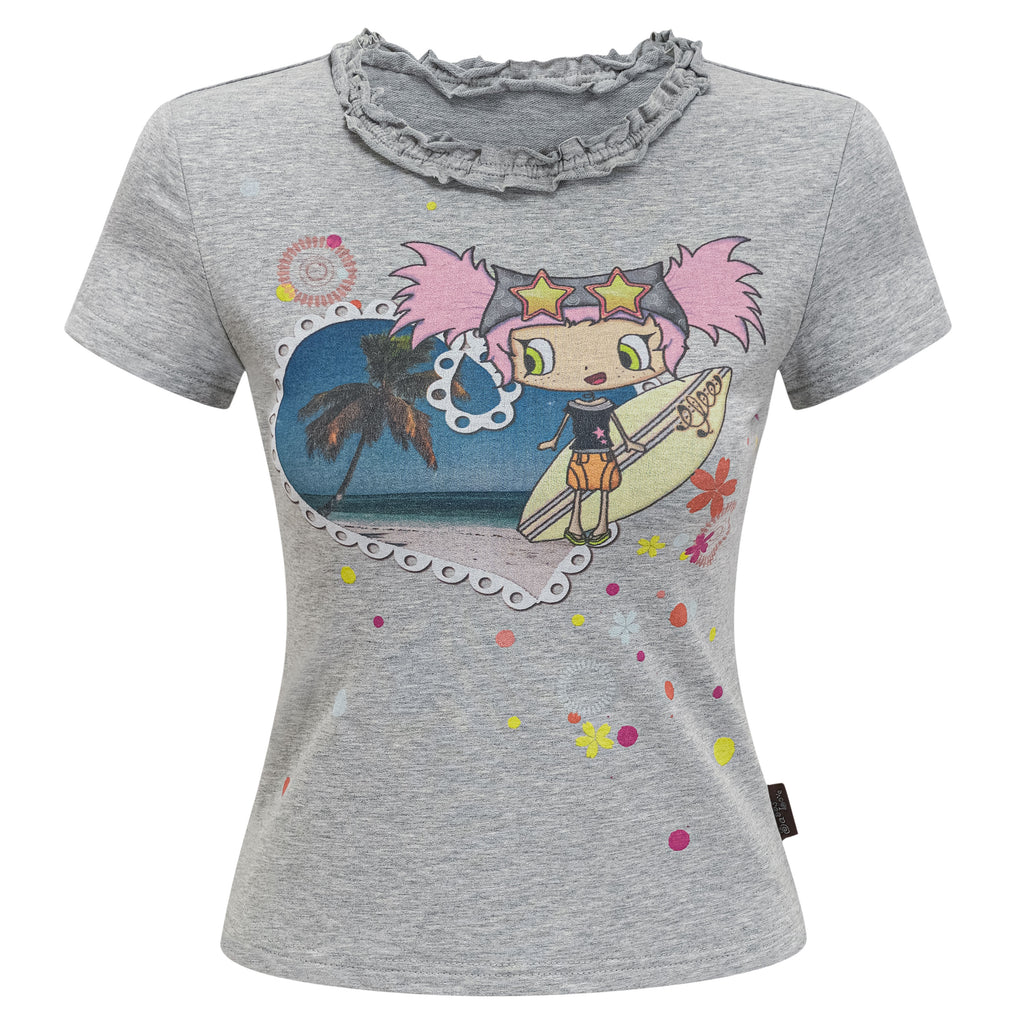 SassyLove 25SS Lace Collar "Island Babe" Print Graphic T-shirt